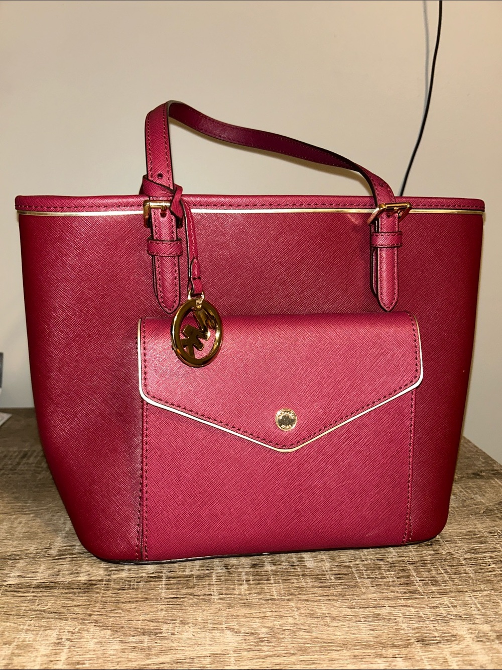 Michael Kors Wine Saffiano Leather Tote with Gold Accent